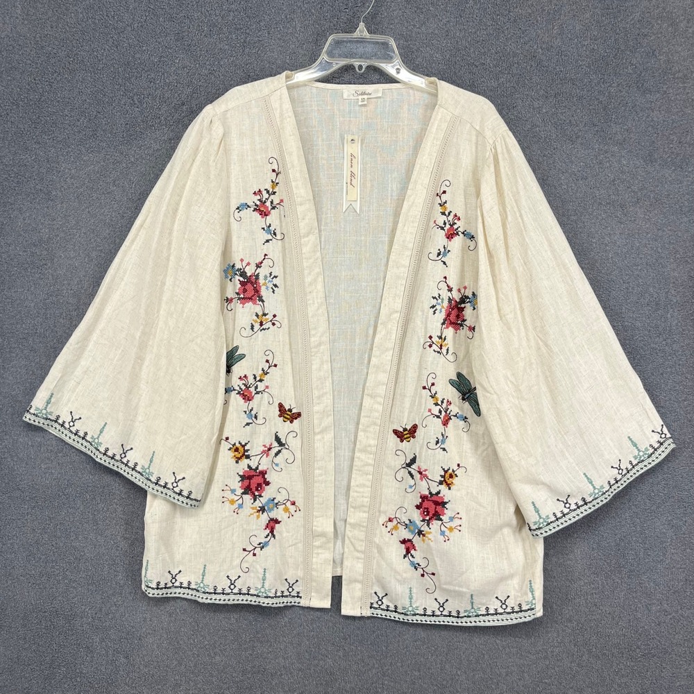 Solitaire Kimono Cardigan Women 2X Beige Linen Blend Floral Embroidered Boho Bee